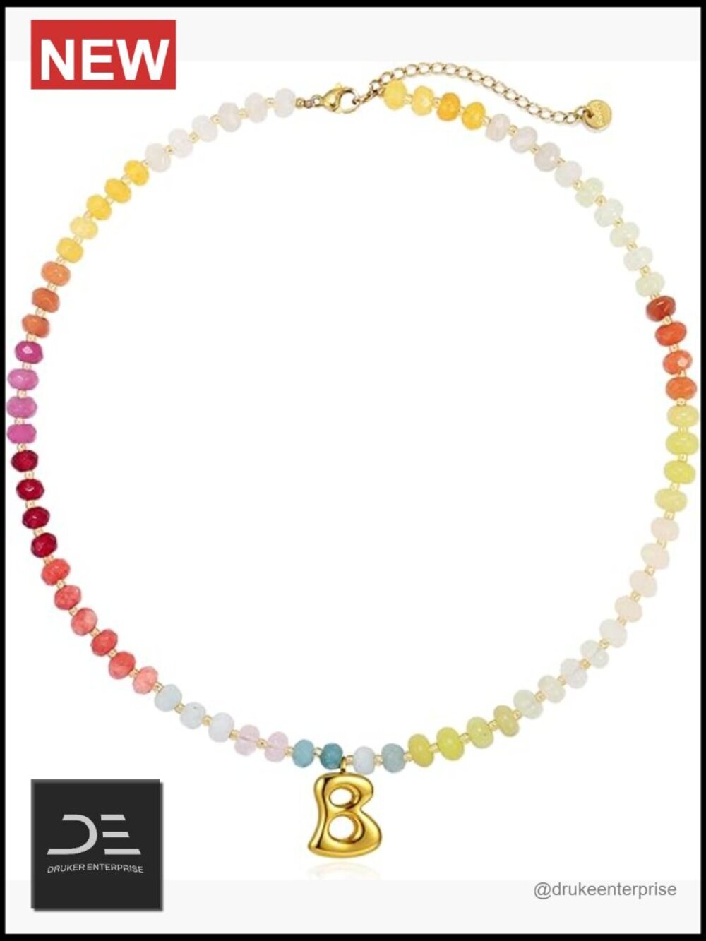 Initial A-Z Beaded Gemstone Necklace with 14K Gold Pendant, Handmade Natural